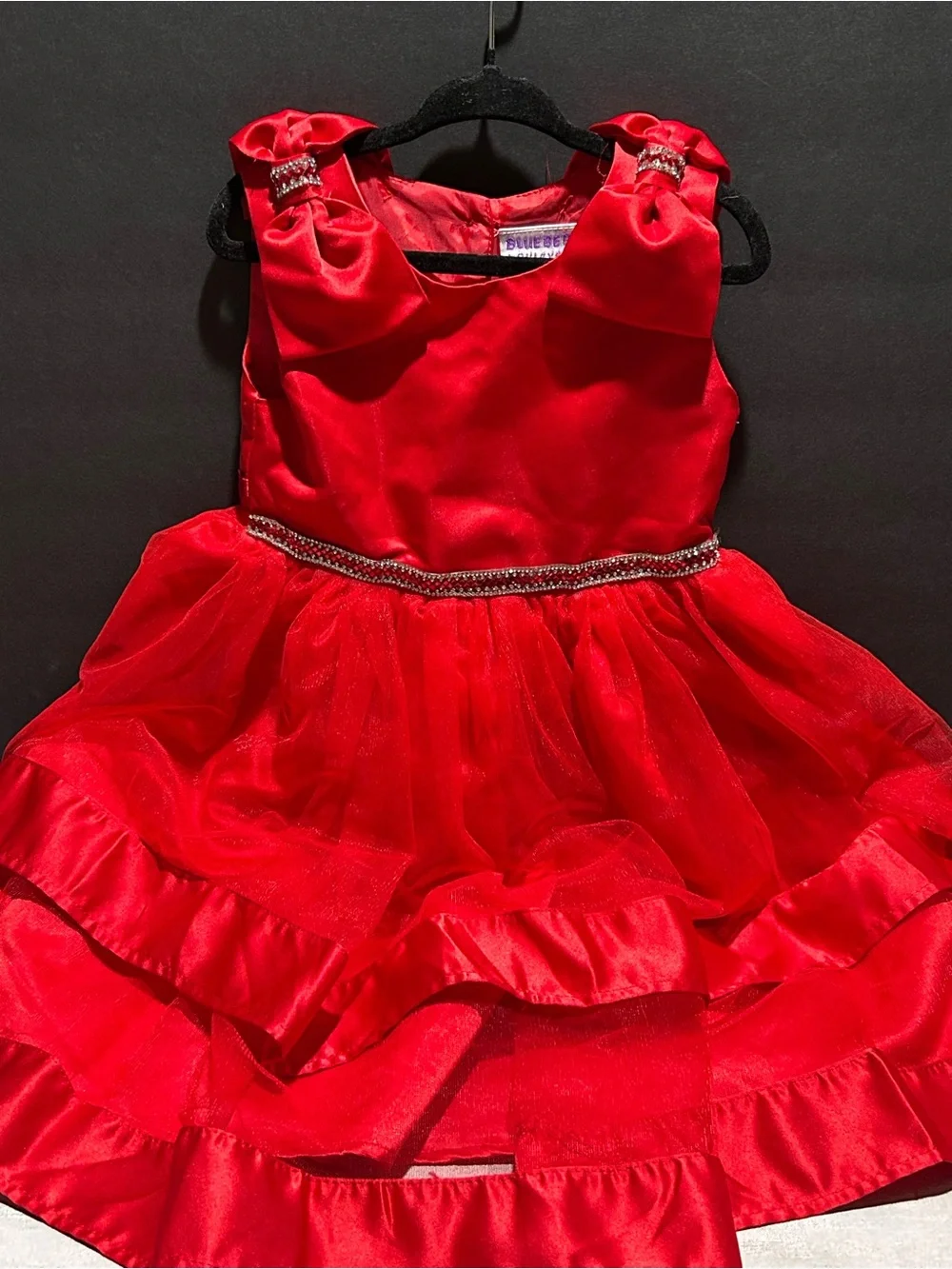 Blueberi Boulevard Red Satin & Tulle Bow-Shoulder Party Dress